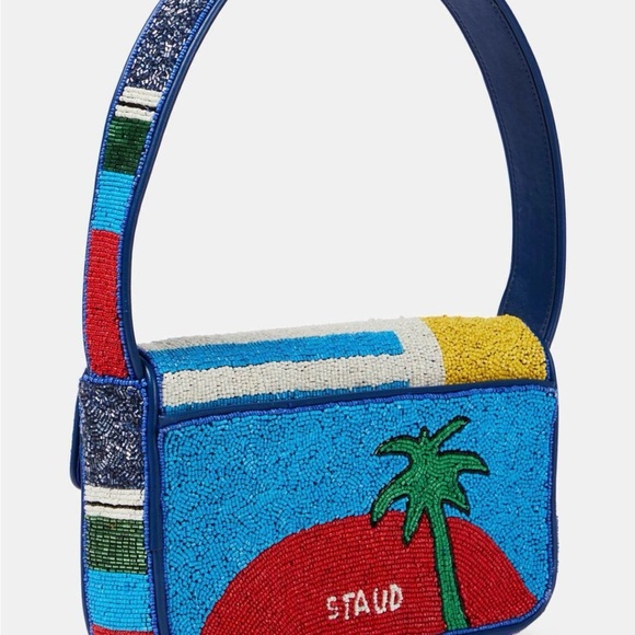 NWT Staud Tommy Glass Beaded Shoulder Bag Purse in Graphic Palm Trees RARE! - Picture 7 of 12